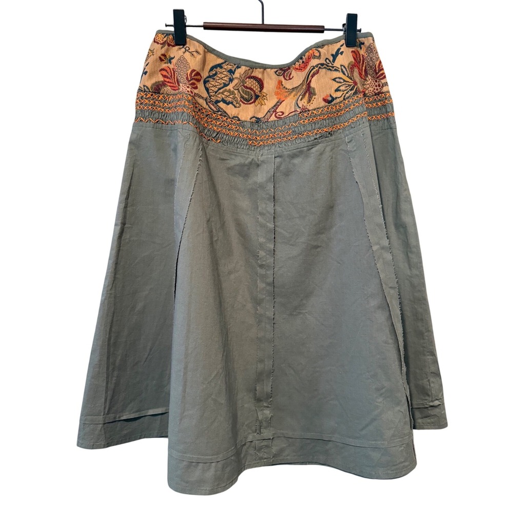 Mix Nouveau Olive Cotton Boho Skirt w/ Floral Tapestry Waistband L
